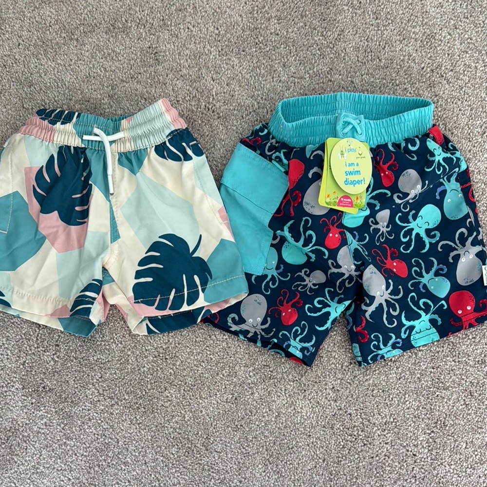 Kids Swim Shorts Set with Leaf and Octopus Patterns